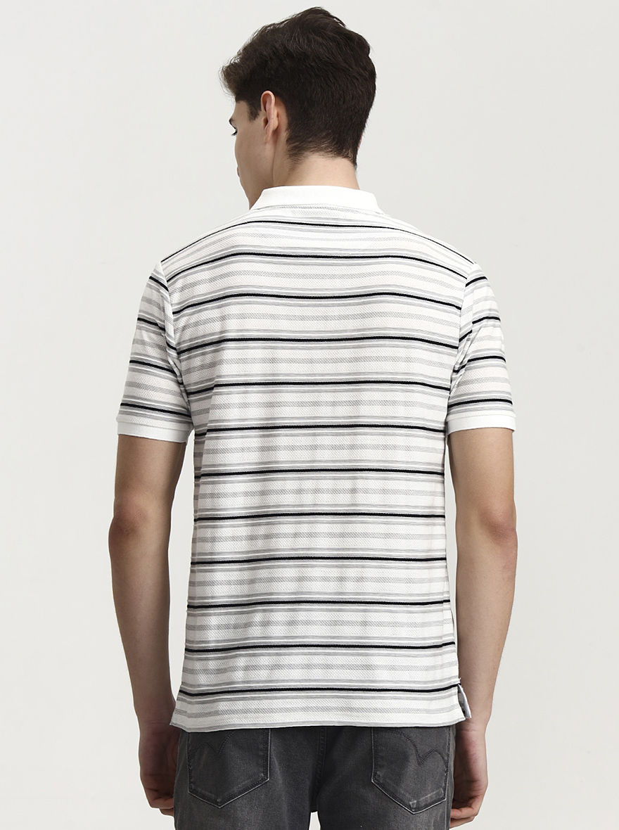 White & Black Striped Slim Fit Polo T-Shirt | Greenfibre