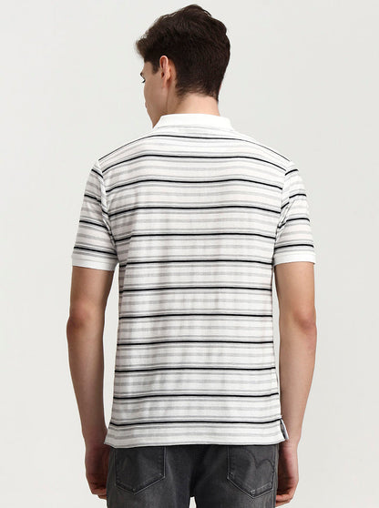 White & Black Striped Slim Fit Polo T-Shirt | Greenfibre