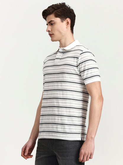 White & Black Striped Slim Fit Polo T-Shirt | Greenfibre