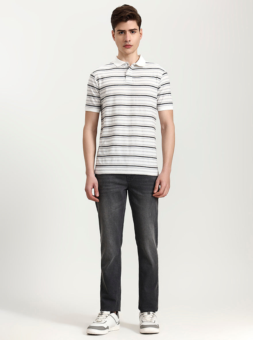 White & Black Striped Slim Fit Polo T-Shirt | Greenfibre