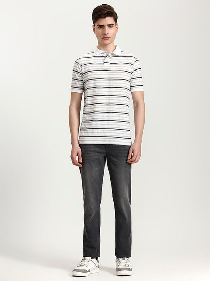 White & Black Striped Slim Fit Polo T-Shirt | Greenfibre