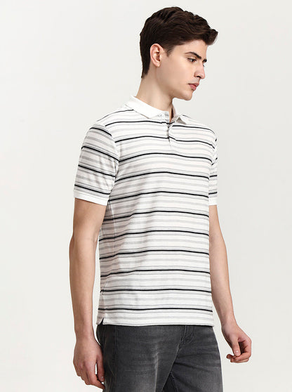 White & Black Striped Slim Fit Polo T-Shirt | Greenfibre