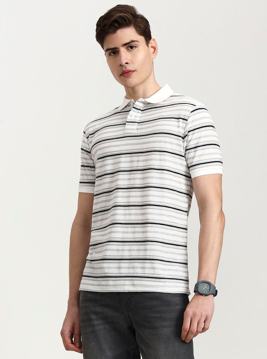 White & Black Striped Slim Fit Polo T-Shirt | Greenfibre