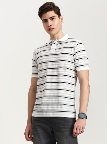 White & Black Striped Slim Fit Polo T-Shirt | Greenfibre