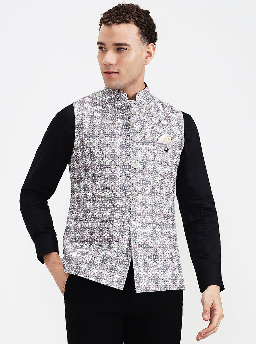 Grey & White Printed Regular Fit Waistcoat  | Wyre