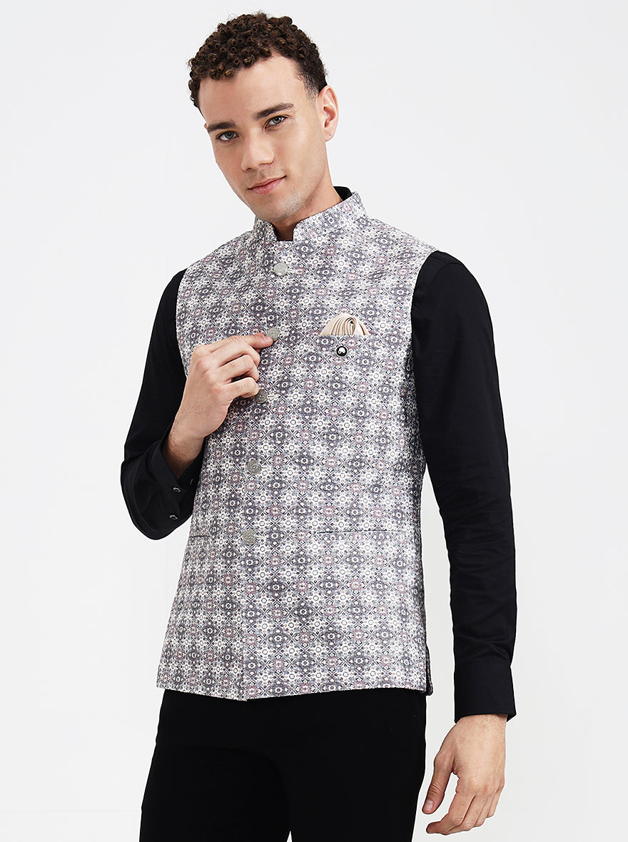 Grey & White Printed Regular Fit Waistcoat  | Wyre