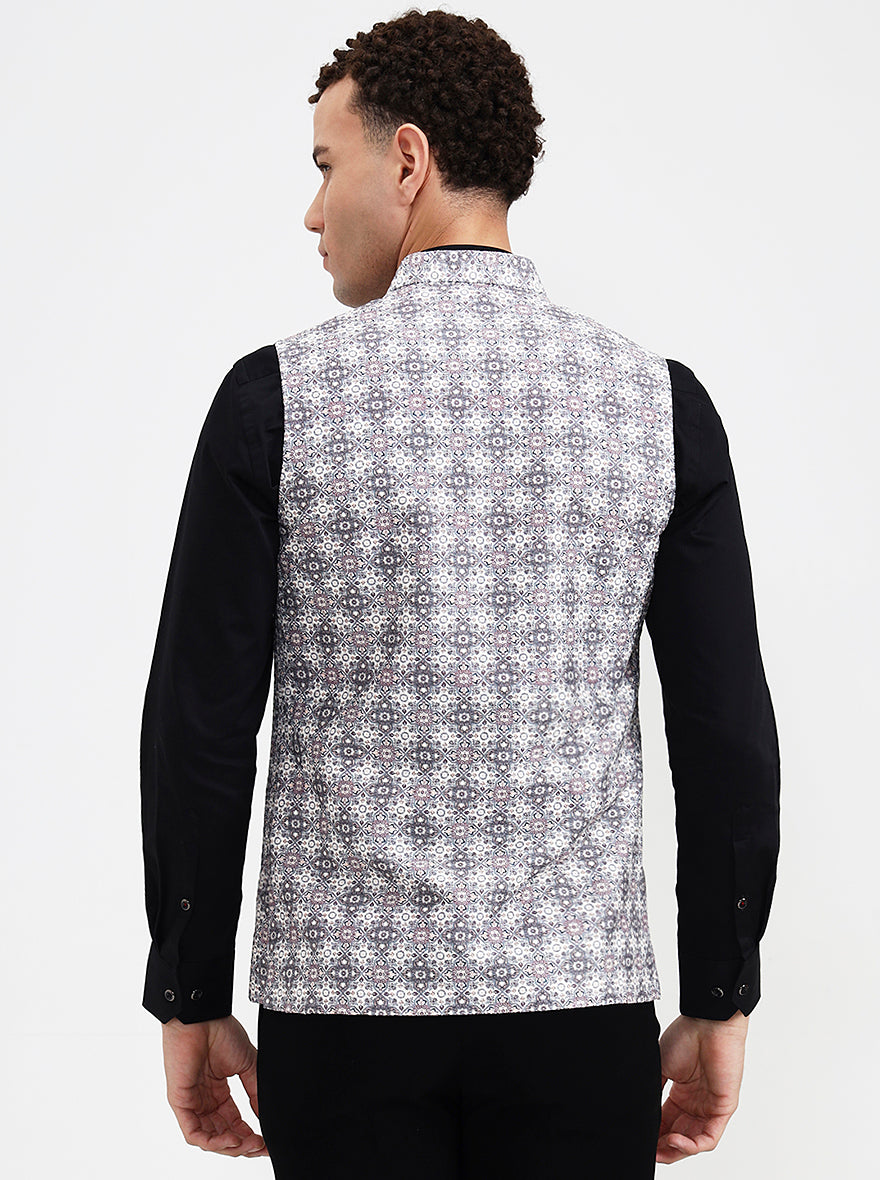 Grey & White Printed Regular Fit Waistcoat  | Wyre