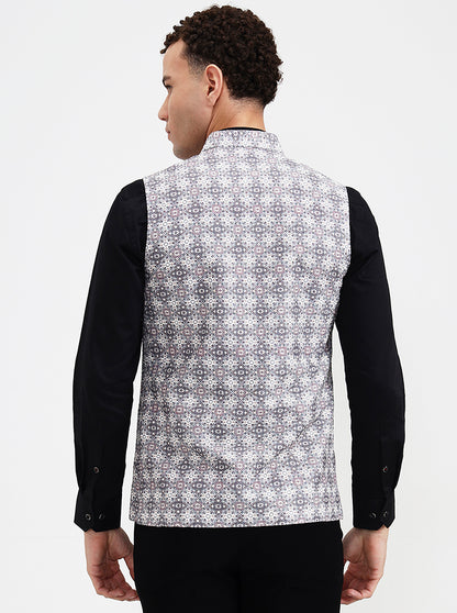 Grey & White Printed Regular Fit Waistcoat  | Wyre