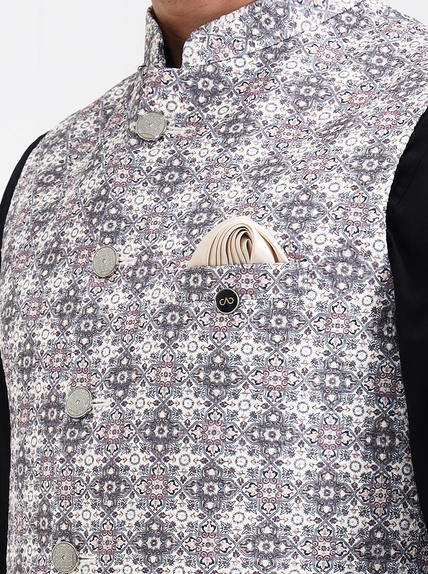 Grey & White Printed Regular Fit Waistcoat  | Wyre