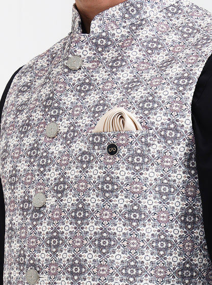 Grey & White Printed Regular Fit Waistcoat  | Wyre