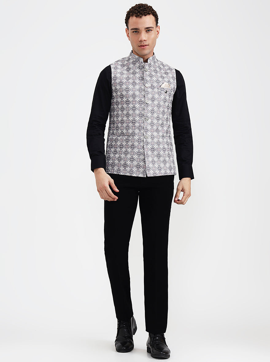 Grey & White Printed Regular Fit Waistcoat  | Wyre