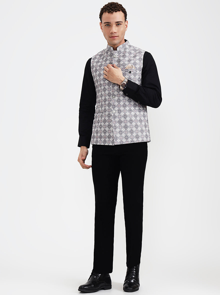Grey & White Printed Regular Fit Waistcoat  | Wyre