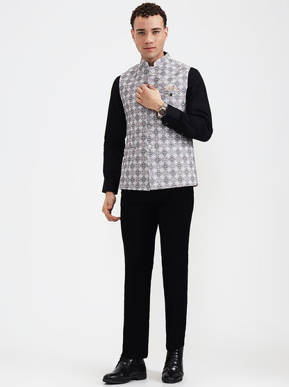 Grey & White Printed Regular Fit Waistcoat  | Wyre