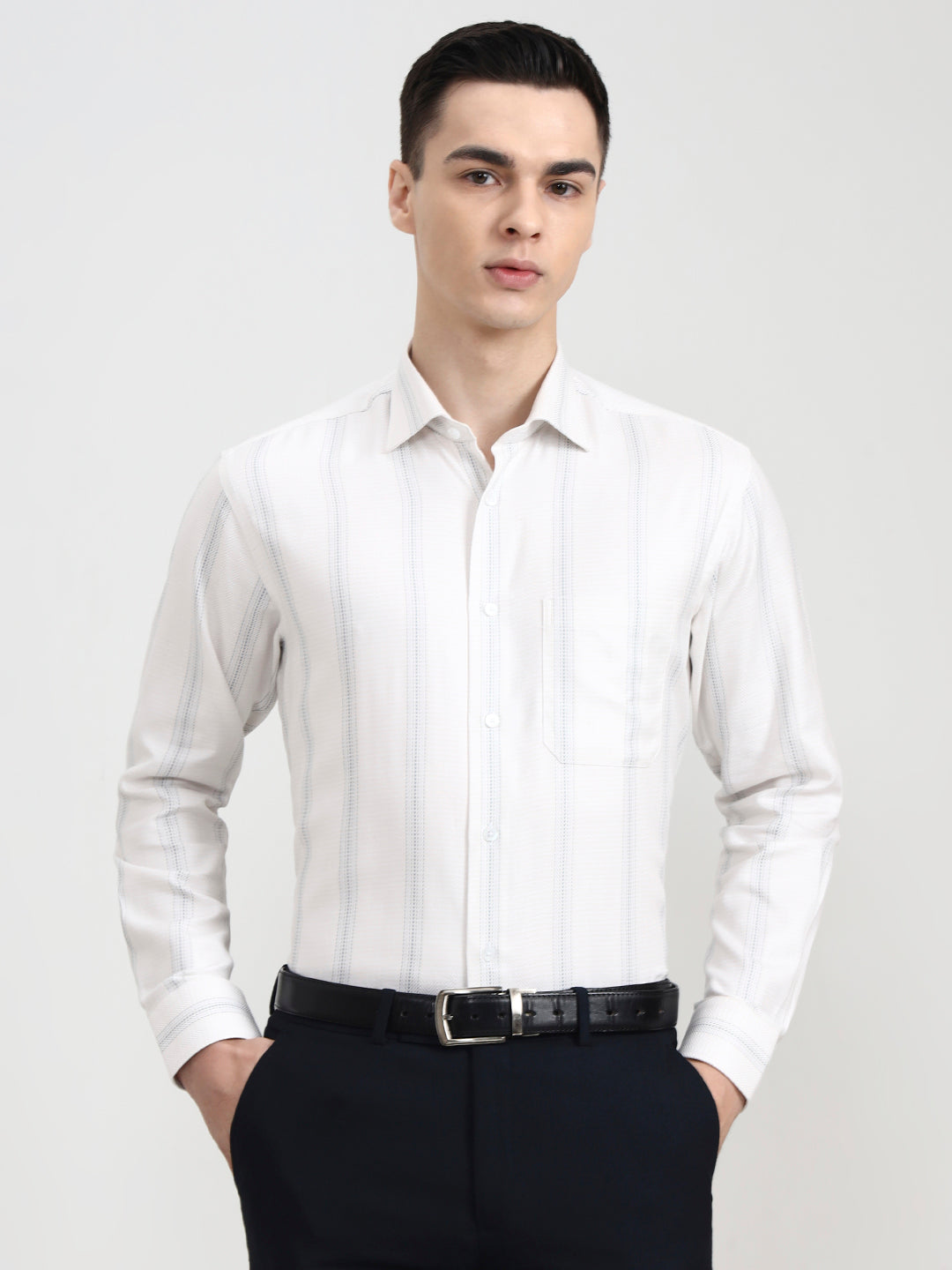 White & Grey Solid Slim Fit Formal Shirt | Metal