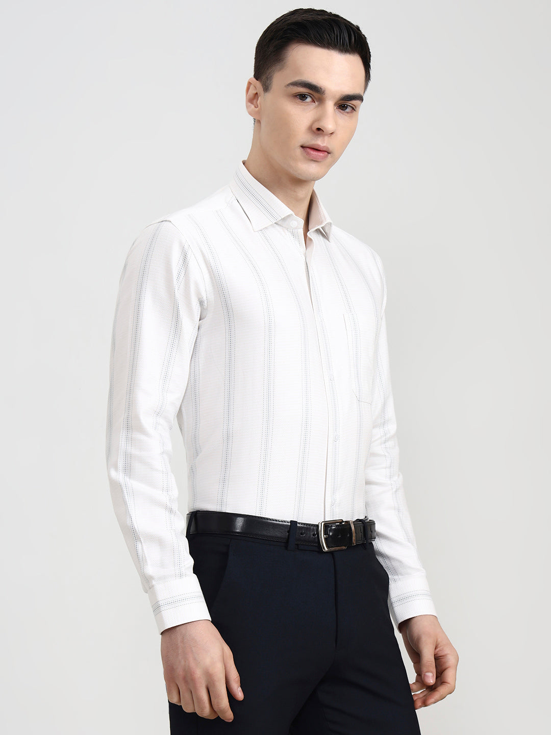 White & Grey Solid Slim Fit Formal Shirt | Metal