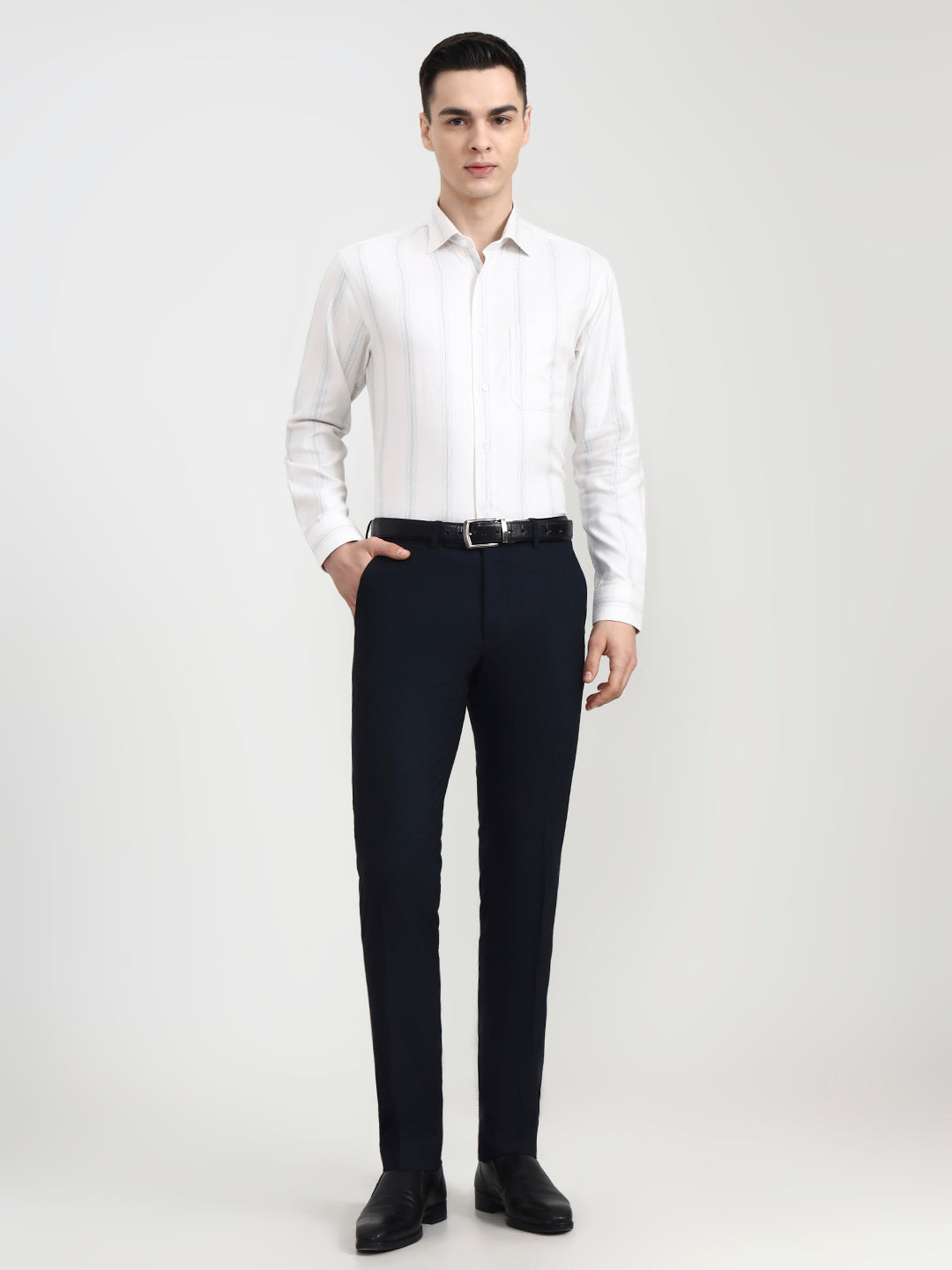 White & Grey Solid Slim Fit Formal Shirt | Metal