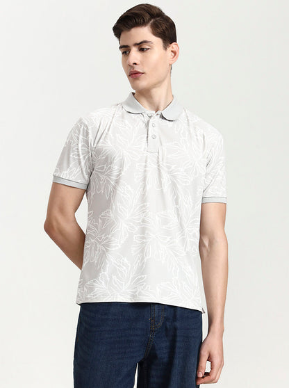 Light Grey Printed Slim Fit Polo T-Shirt | JadeBlue