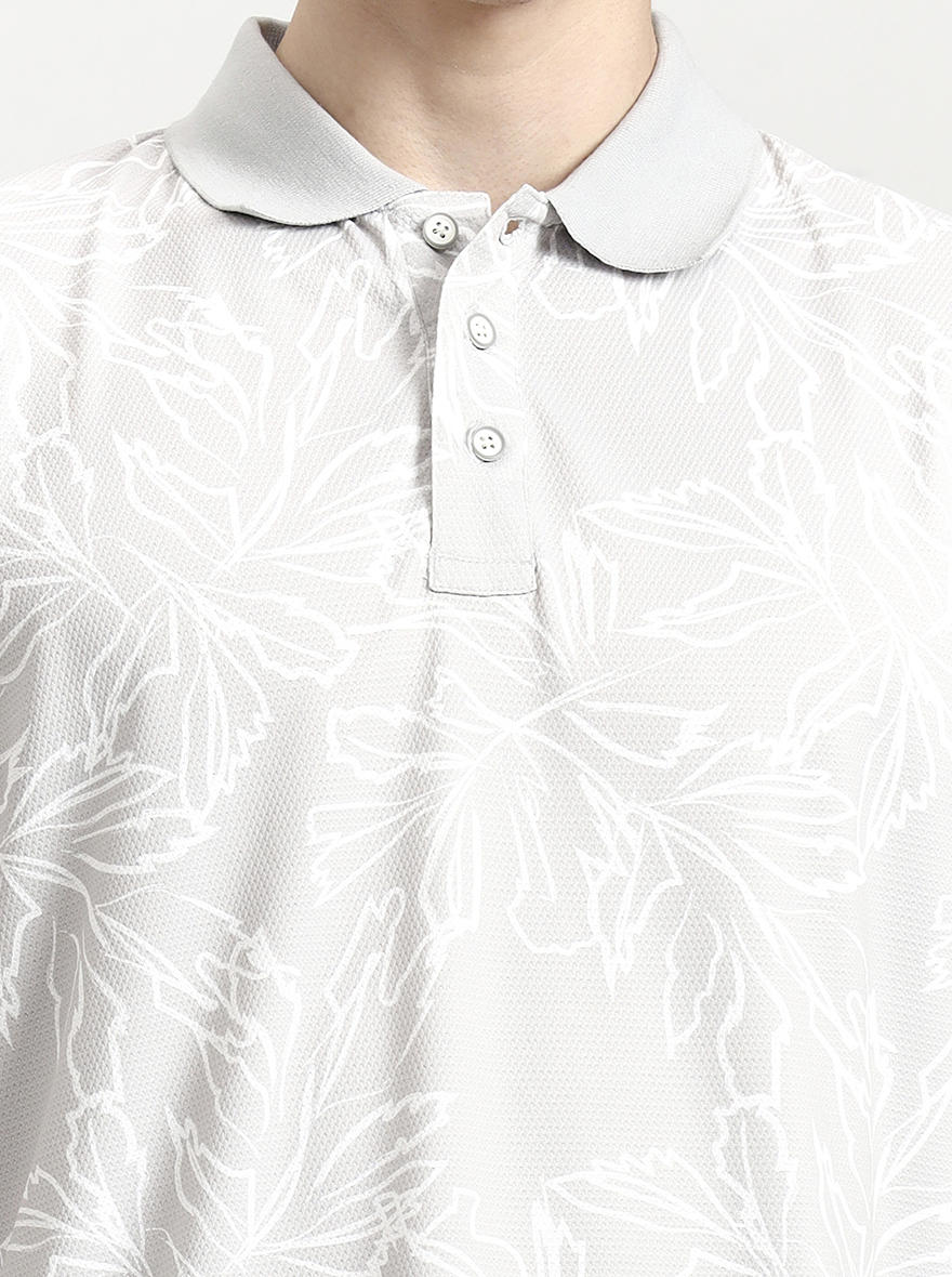 Light Grey Printed Slim Fit Polo T-Shirt | JadeBlue