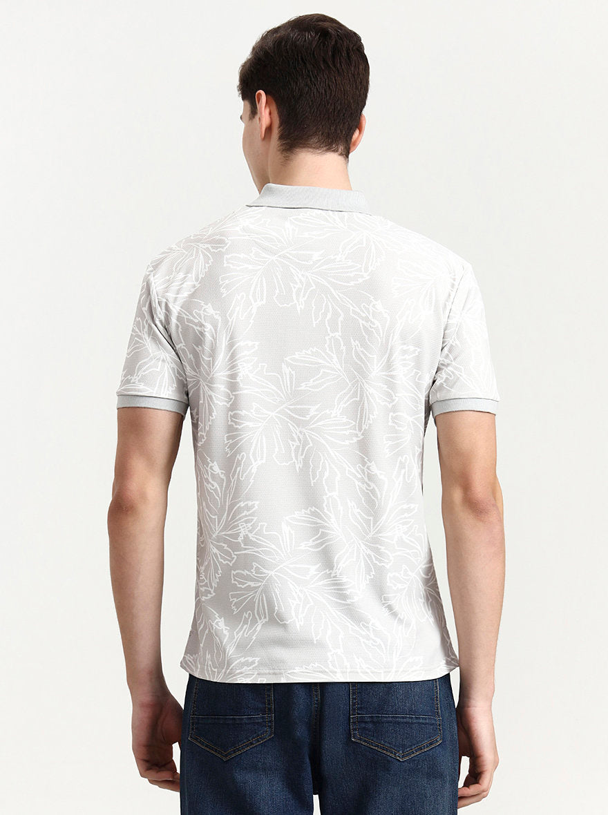 Light Grey Printed Slim Fit Polo T-Shirt | JadeBlue