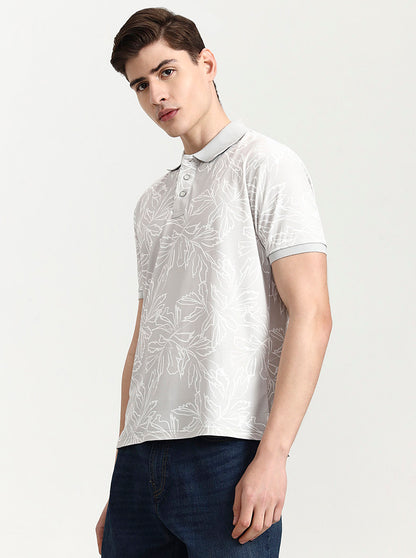 Light Grey Printed Slim Fit Polo T-Shirt | JadeBlue