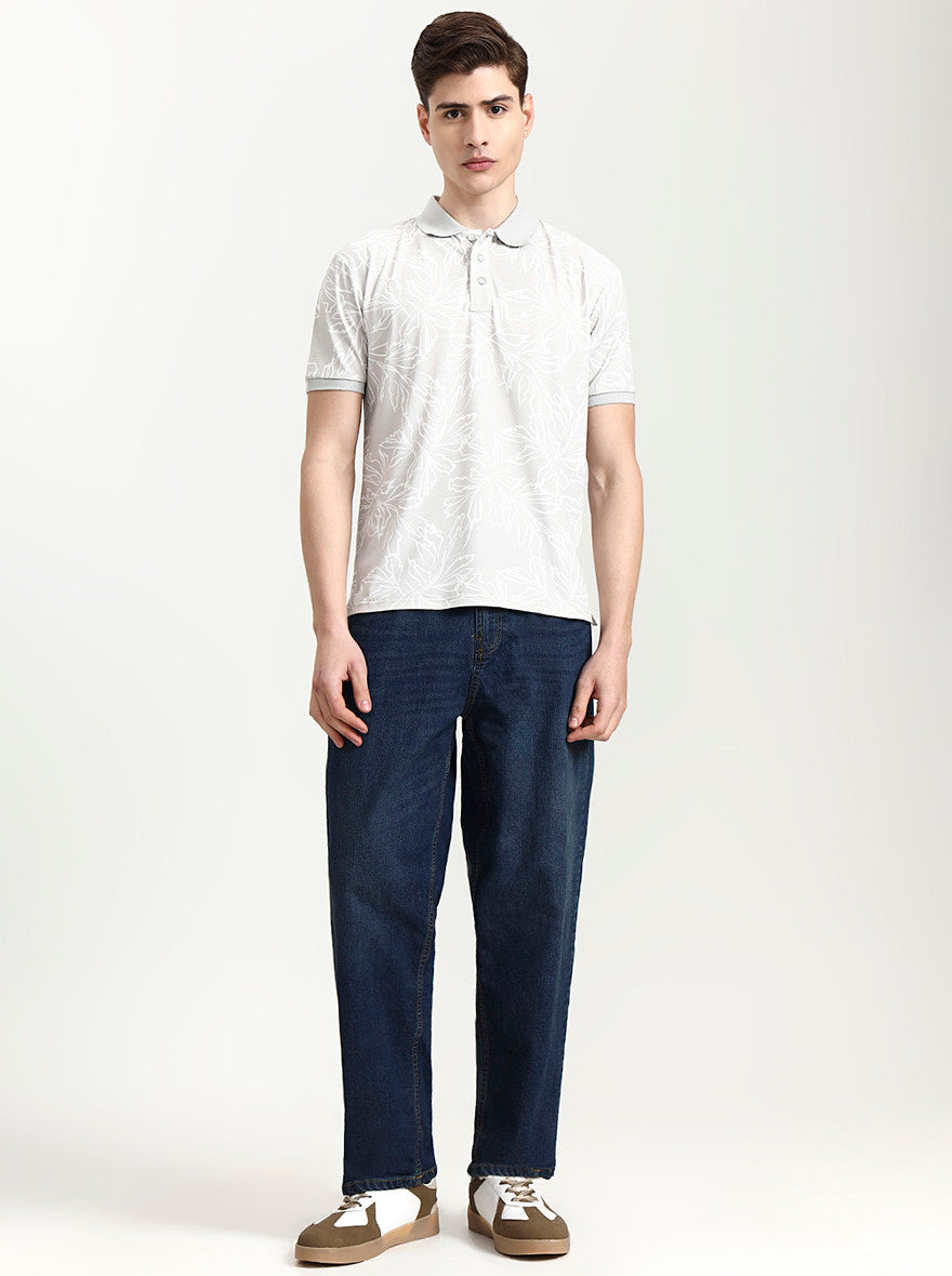 Light Grey Printed Slim Fit Polo T-Shirt | JadeBlue