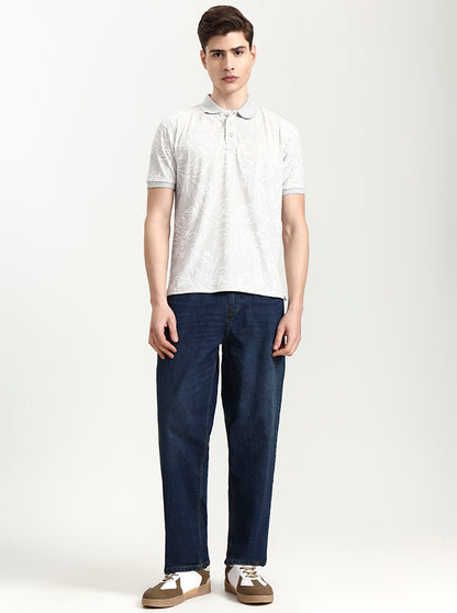 Light Grey Printed Slim Fit Polo T-Shirt | JadeBlue