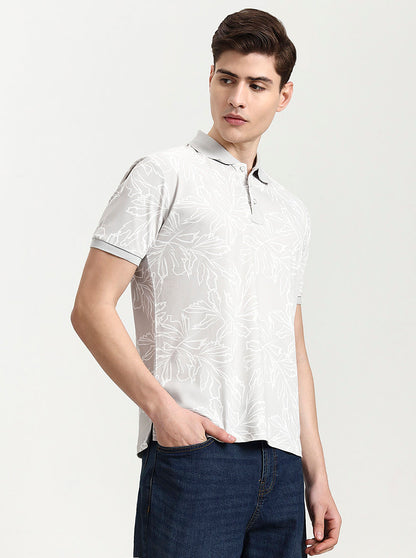 Light Grey Printed Slim Fit Polo T-Shirt | JadeBlue