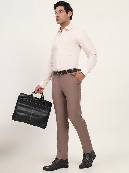 Light Brown Solid Slim Fit Formal Trouser | Metal