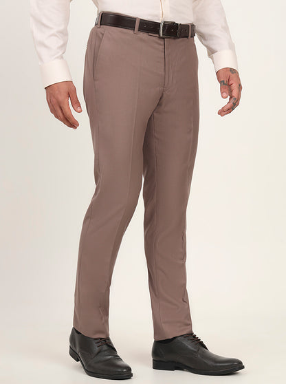 Light Brown Solid Slim Fit Formal Trouser | Metal