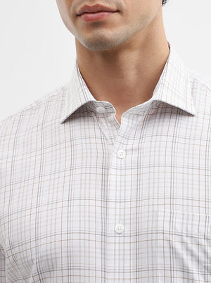 White & Brown Checked Slim Fit Formal Shirt | Metal