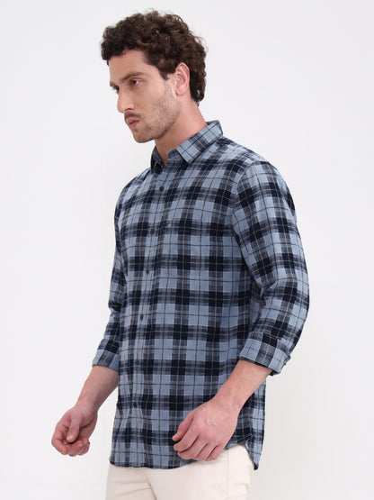 Blue Checked Slim Fit Casual Shirt | JadeBlue