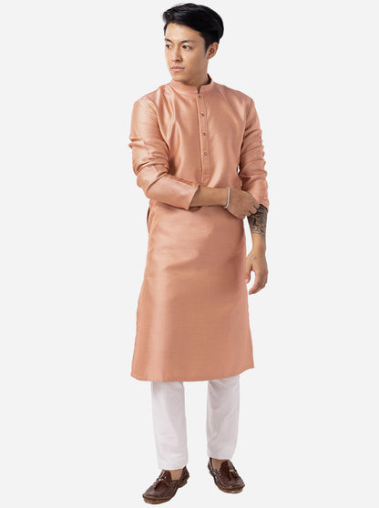 Rose Pink Self Textured Silk Brocade Kurta | The Kurta Company