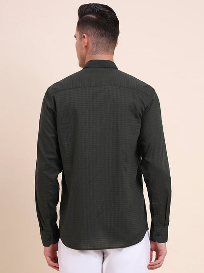 Olive Green Checked Smart Fit Semi Casual Shirt | Greenfibre