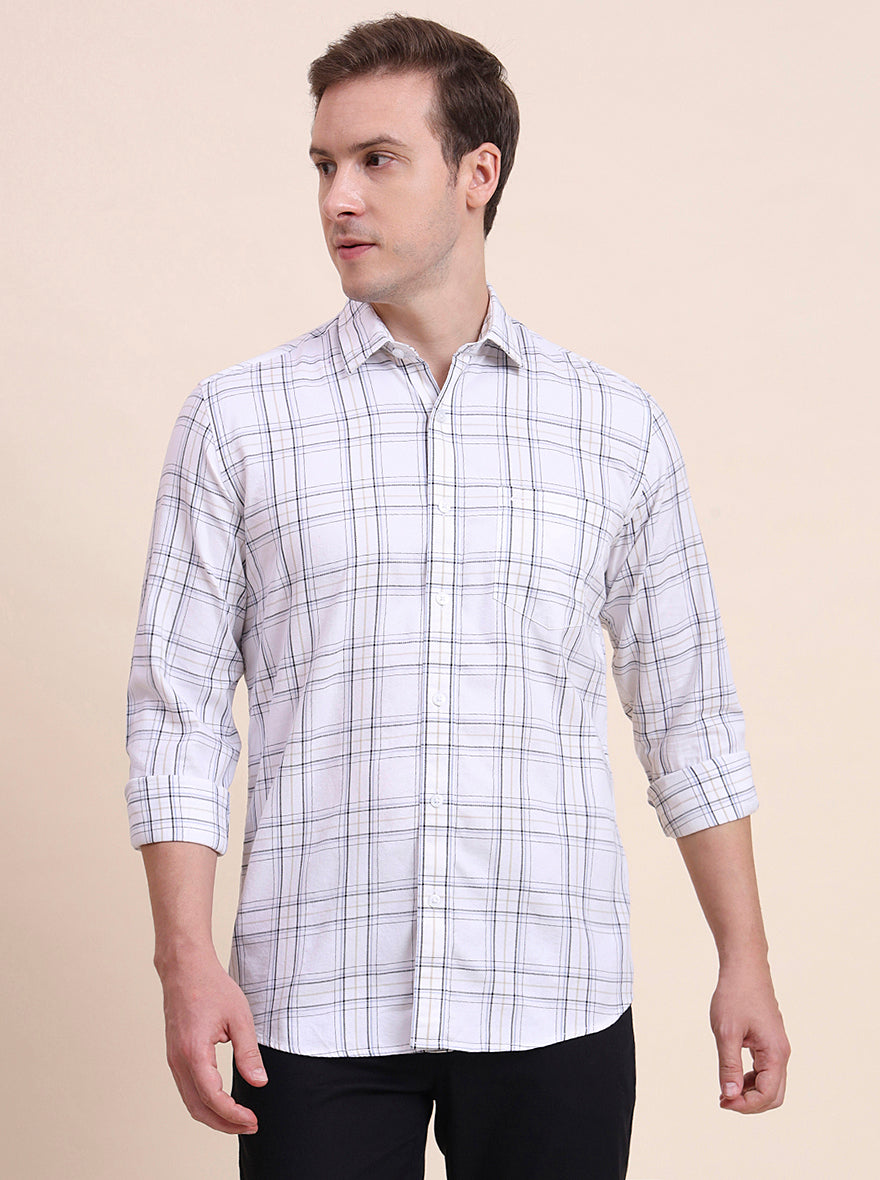 Cream Checked Tailored Fit Semi Casual Shirt | JadeBlue