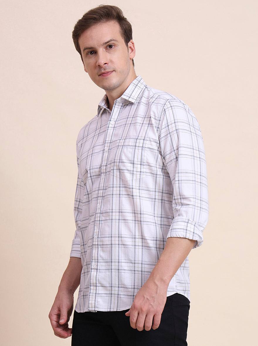 Cream Checked Tailored Fit Semi Casual Shirt | JadeBlue