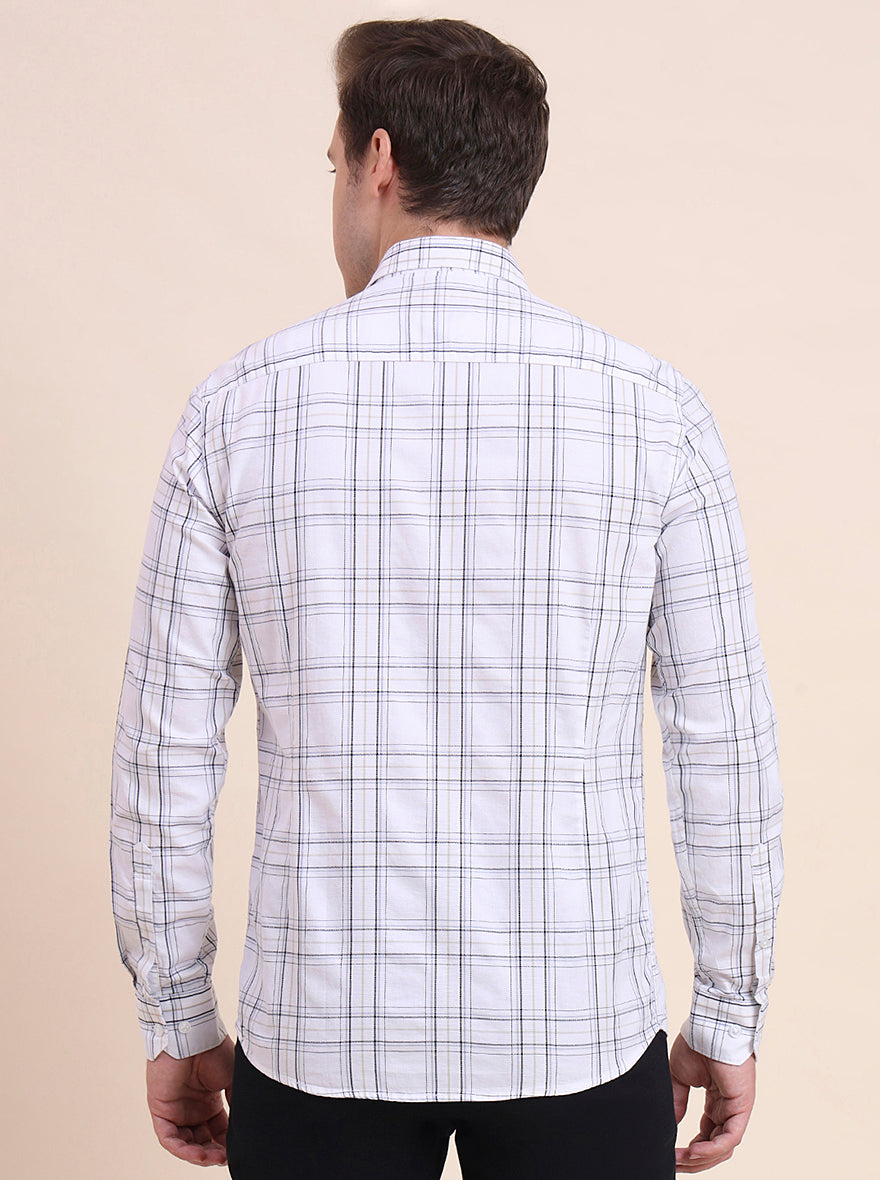 Cream Checked Tailored Fit Semi Casual Shirt | JadeBlue