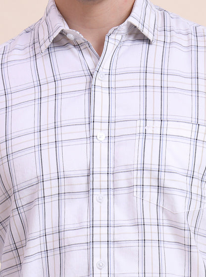 Cream Checked Tailored Fit Semi Casual Shirt | JadeBlue