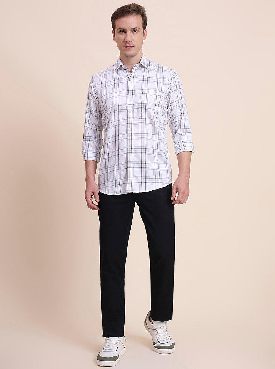 Cream Checked Tailored Fit Semi Casual Shirt | JadeBlue