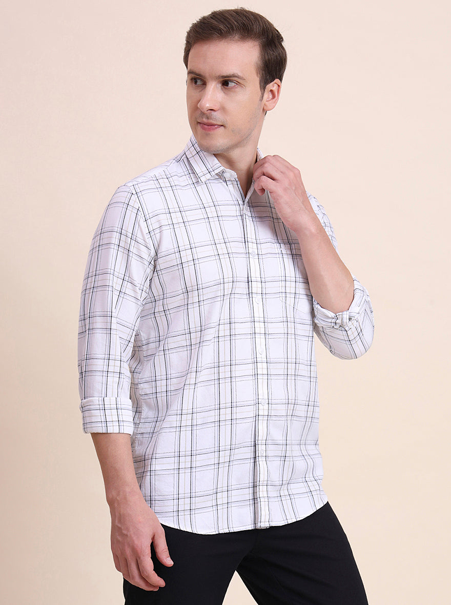 Cream Checked Tailored Fit Semi Casual Shirt | JadeBlue