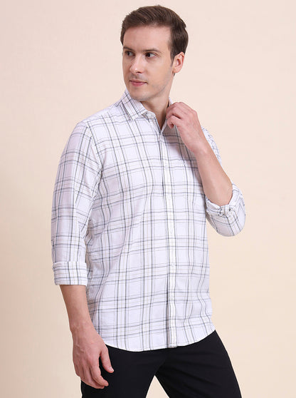 Cream Checked Tailored Fit Semi Casual Shirt | JadeBlue