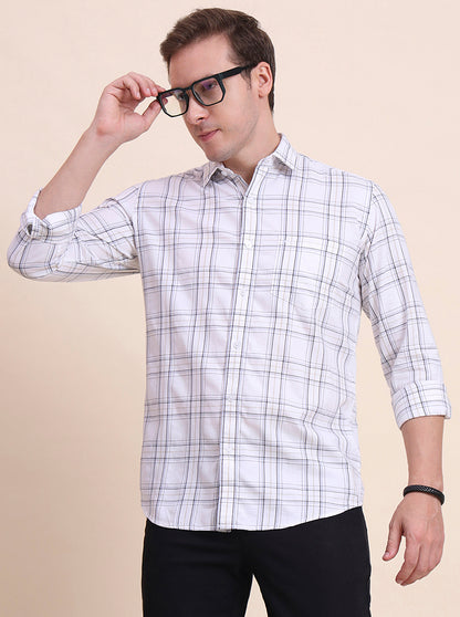 Cream Checked Tailored Fit Semi Casual Shirt | JadeBlue