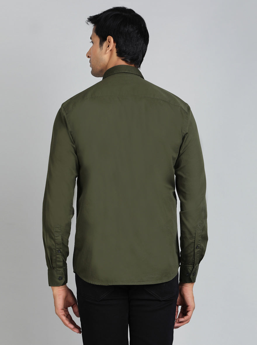 Olive Green Solid Smart Fit Semi Casual Shirt | Greenfibre