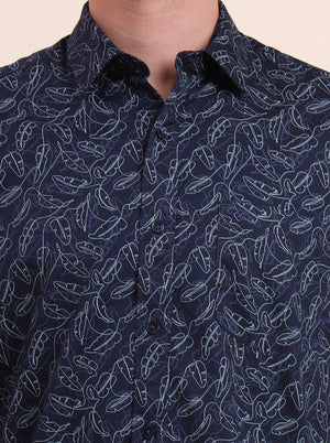 Navy Blue Printed Smart Fit Semi Casual Shirt | Greenfibre
