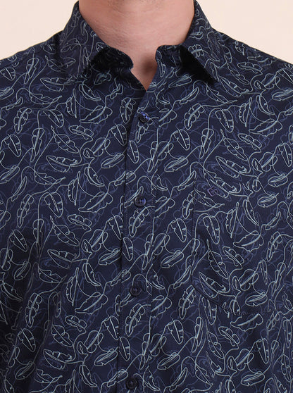 Navy Blue Printed Smart Fit Semi Casual Shirt | Greenfibre