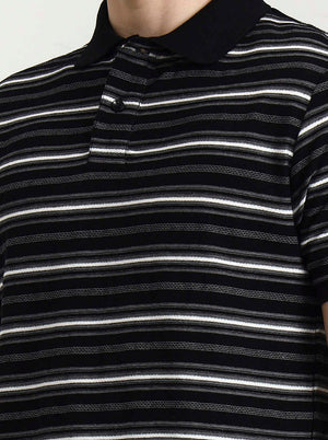 Black & White Striped Slim Fit Polo T-Shirt | Greenfibre