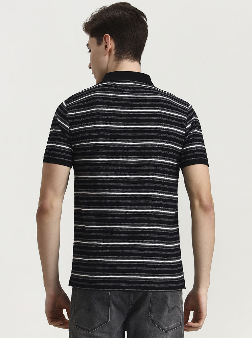 Black & White Striped Slim Fit Polo T-Shirt | Greenfibre
