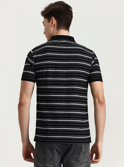 Black & White Striped Slim Fit Polo T-Shirt | Greenfibre