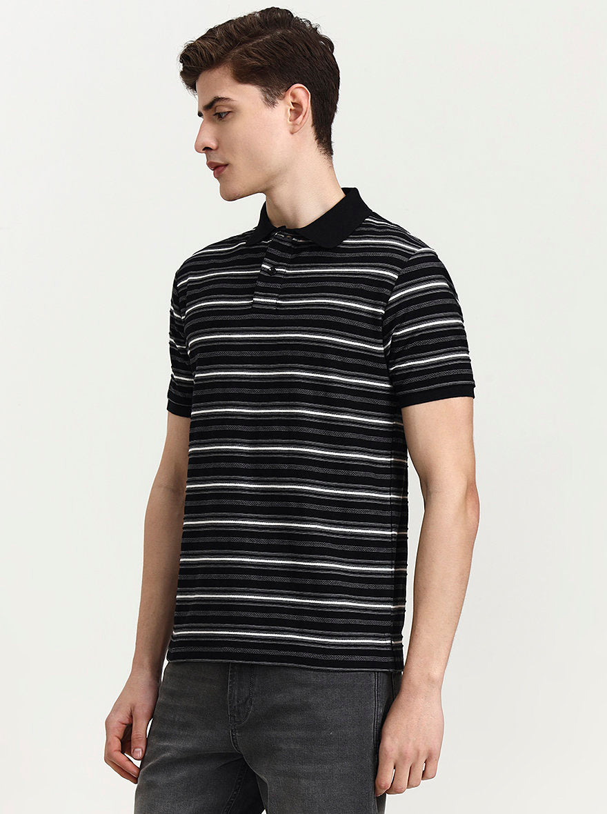 Black & White Striped Slim Fit Polo T-Shirt | Greenfibre