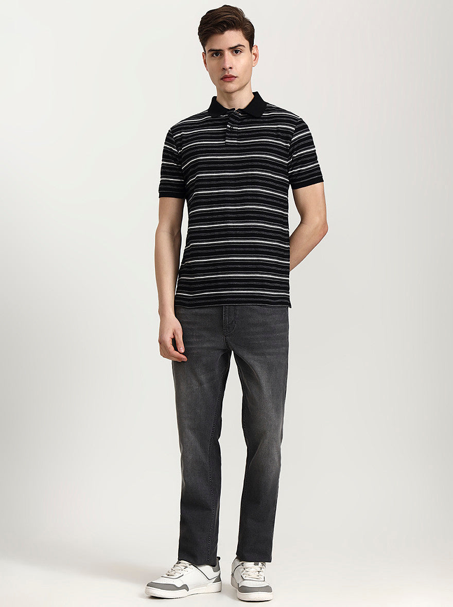Black & White Striped Slim Fit Polo T-Shirt | Greenfibre