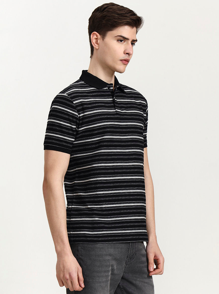 Black & White Striped Slim Fit Polo T-Shirt | Greenfibre